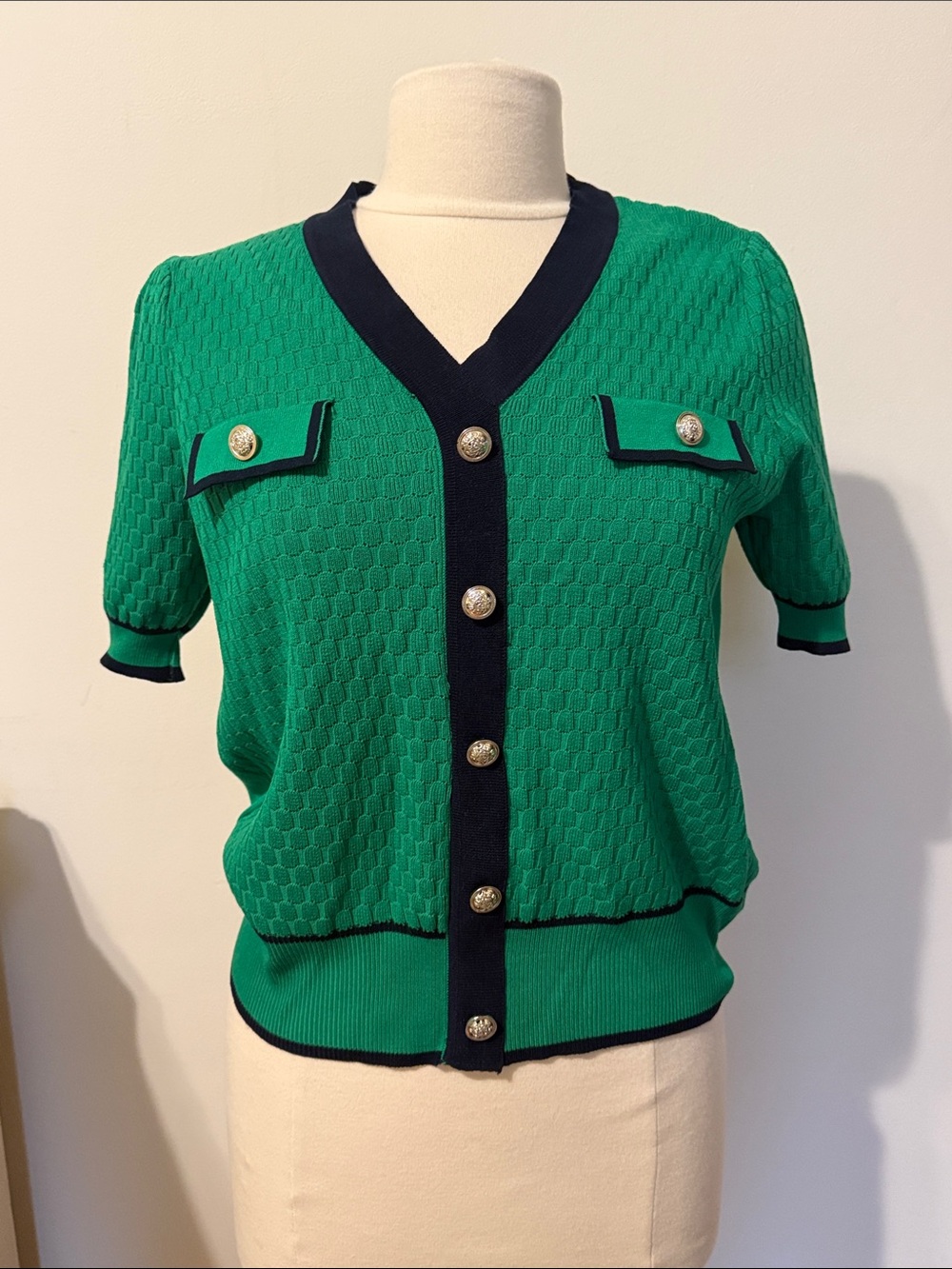 Nanette Lepore Green Short-Sleeve Knit Cardigan with Navy Trim
